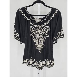 Vintage Lauren Michelle Womens Sz S Short Sleeve Embroidered Top Black White